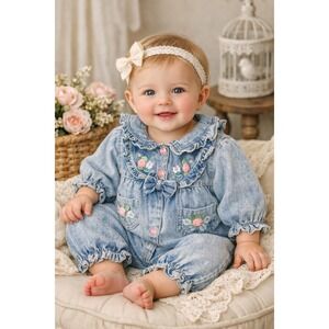 Vintage Baby Girl Denim Romper Floral Embroidery 3-6M USA 90s Cottagecore
